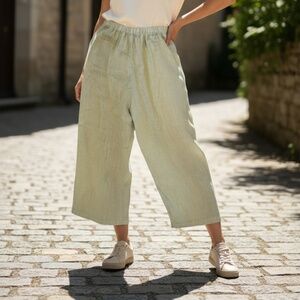 Size S 100% Linen Crop Pants Black Made In USA Elastic Waist Pull On